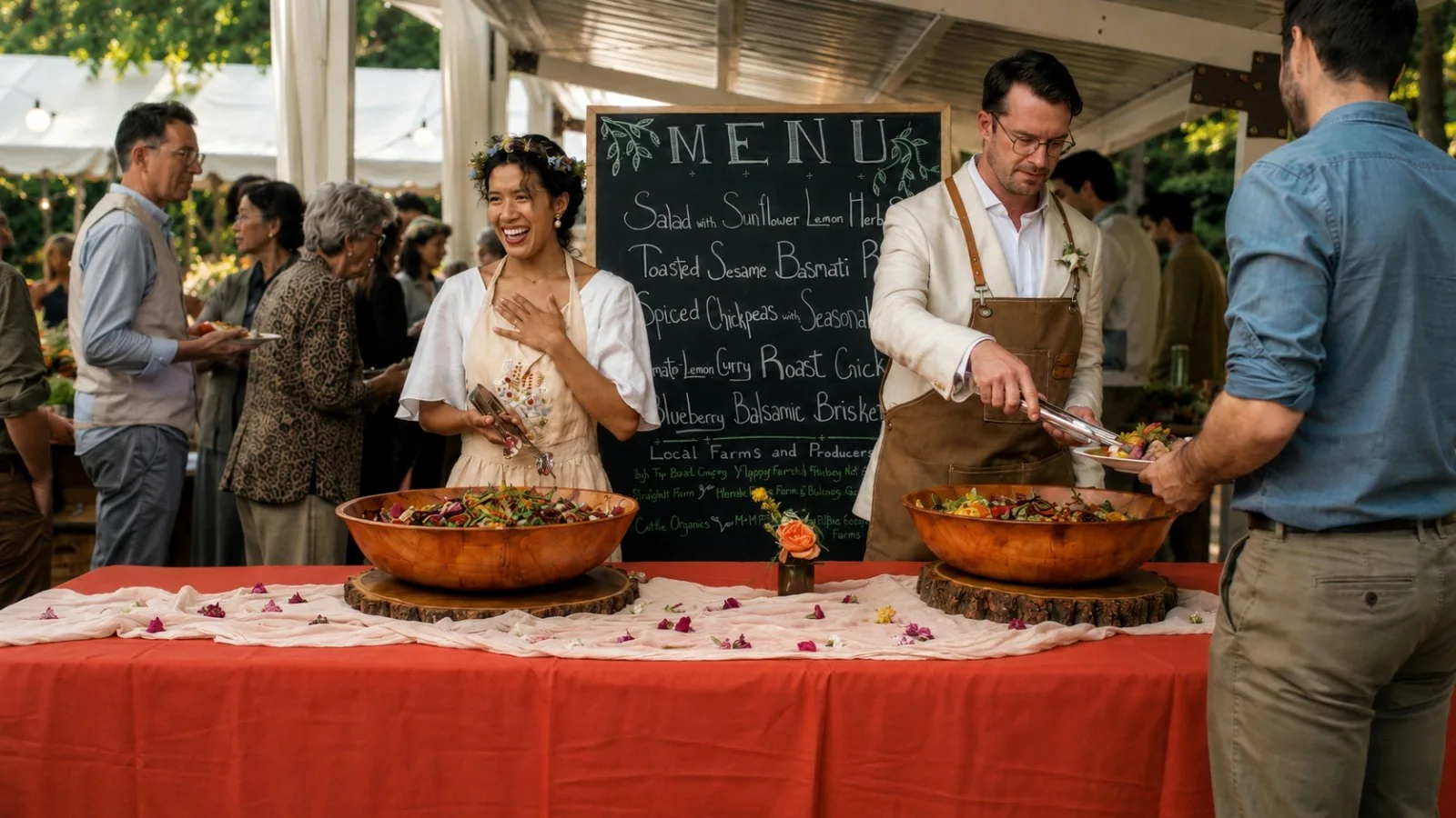 A couple serving their guests from copper bowls beneath a chalkboard menu